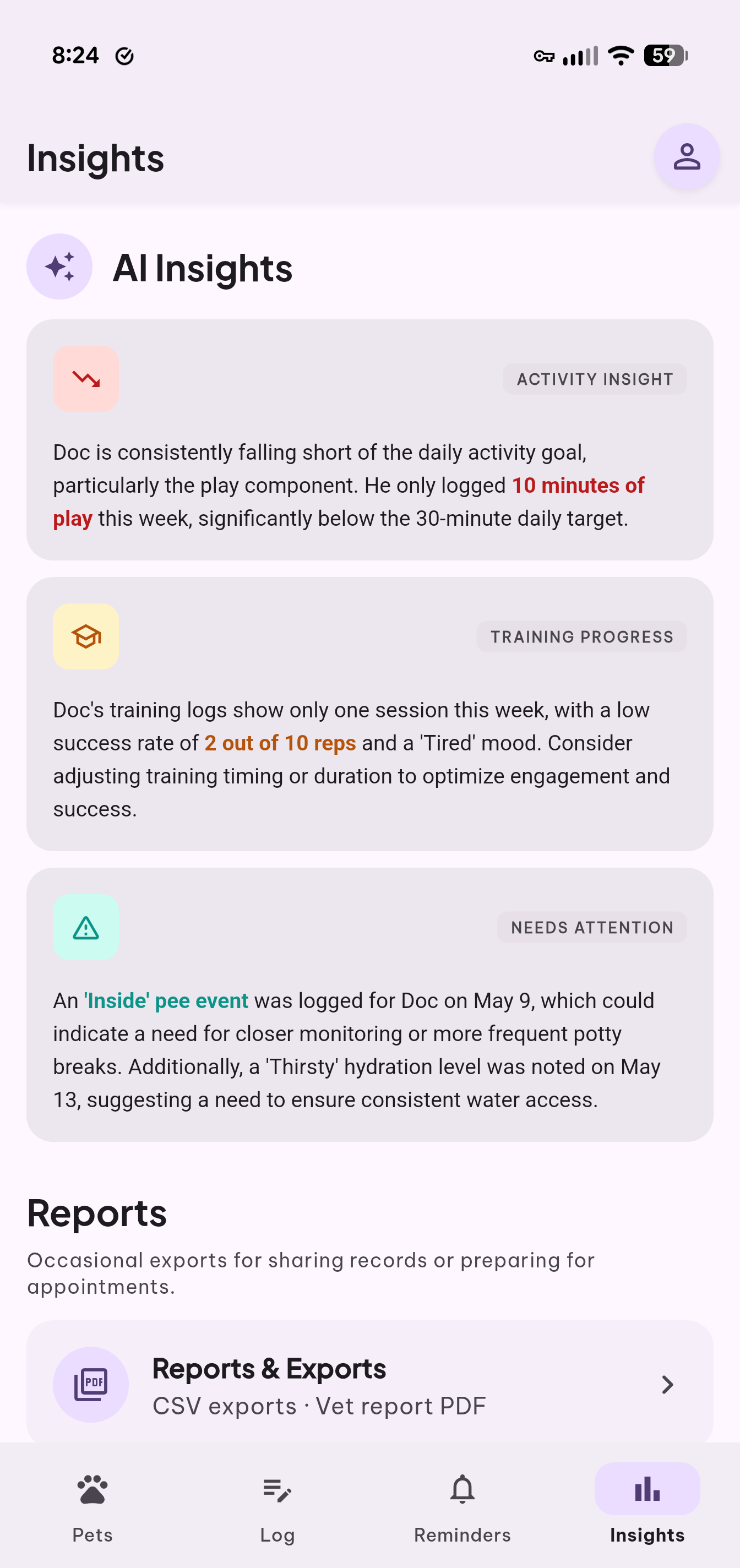 PawTally AI insights screen with care recommendations and reports