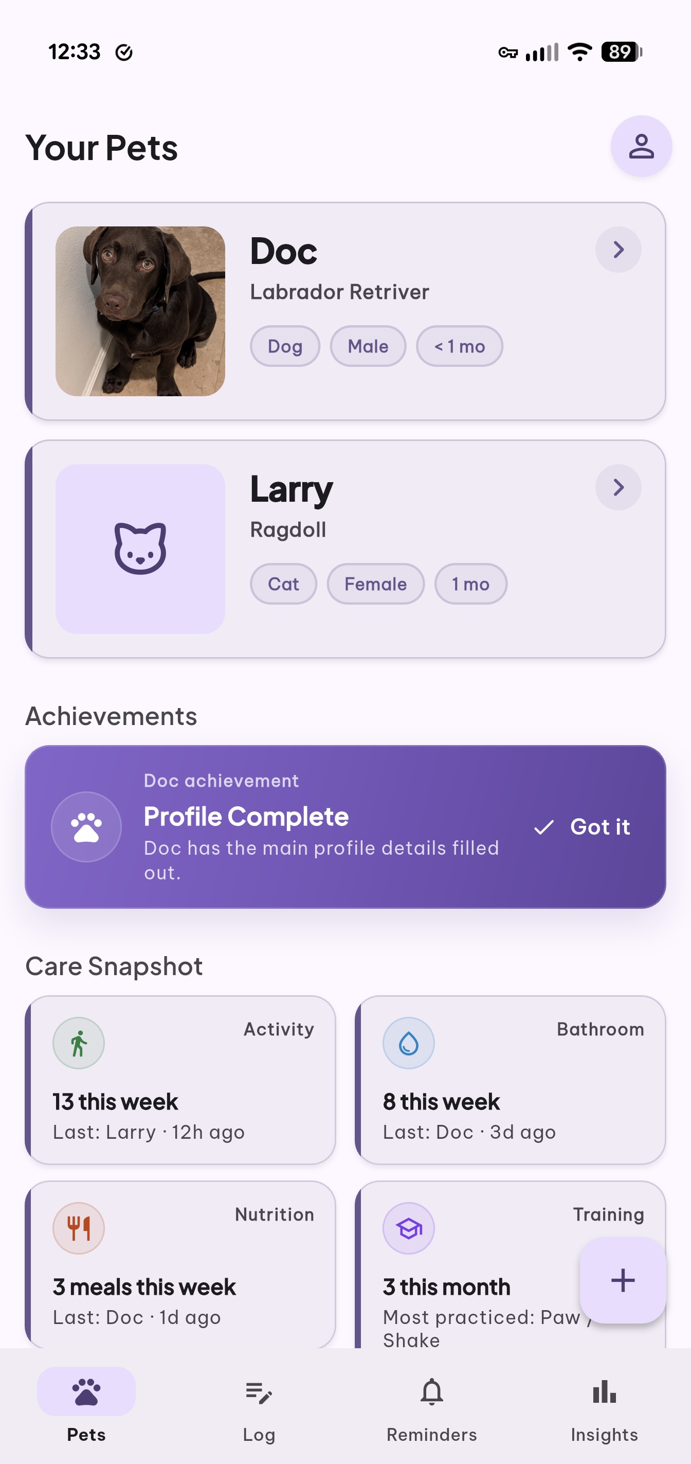 PawTally pet dashboard showing pets, achievements, and care snapshots