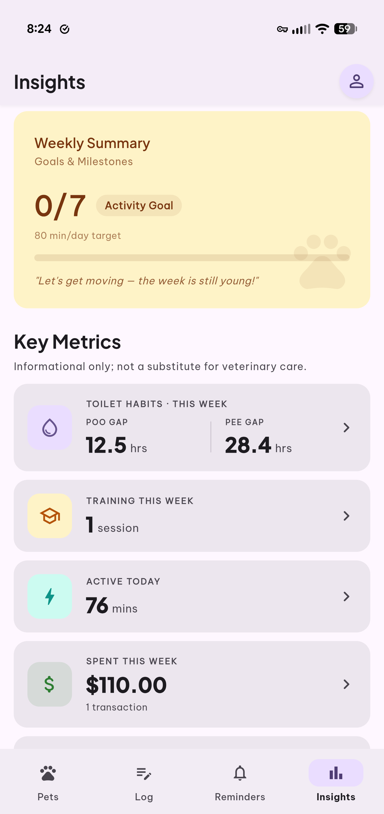 PawTally insights screen showing weekly pet care metrics