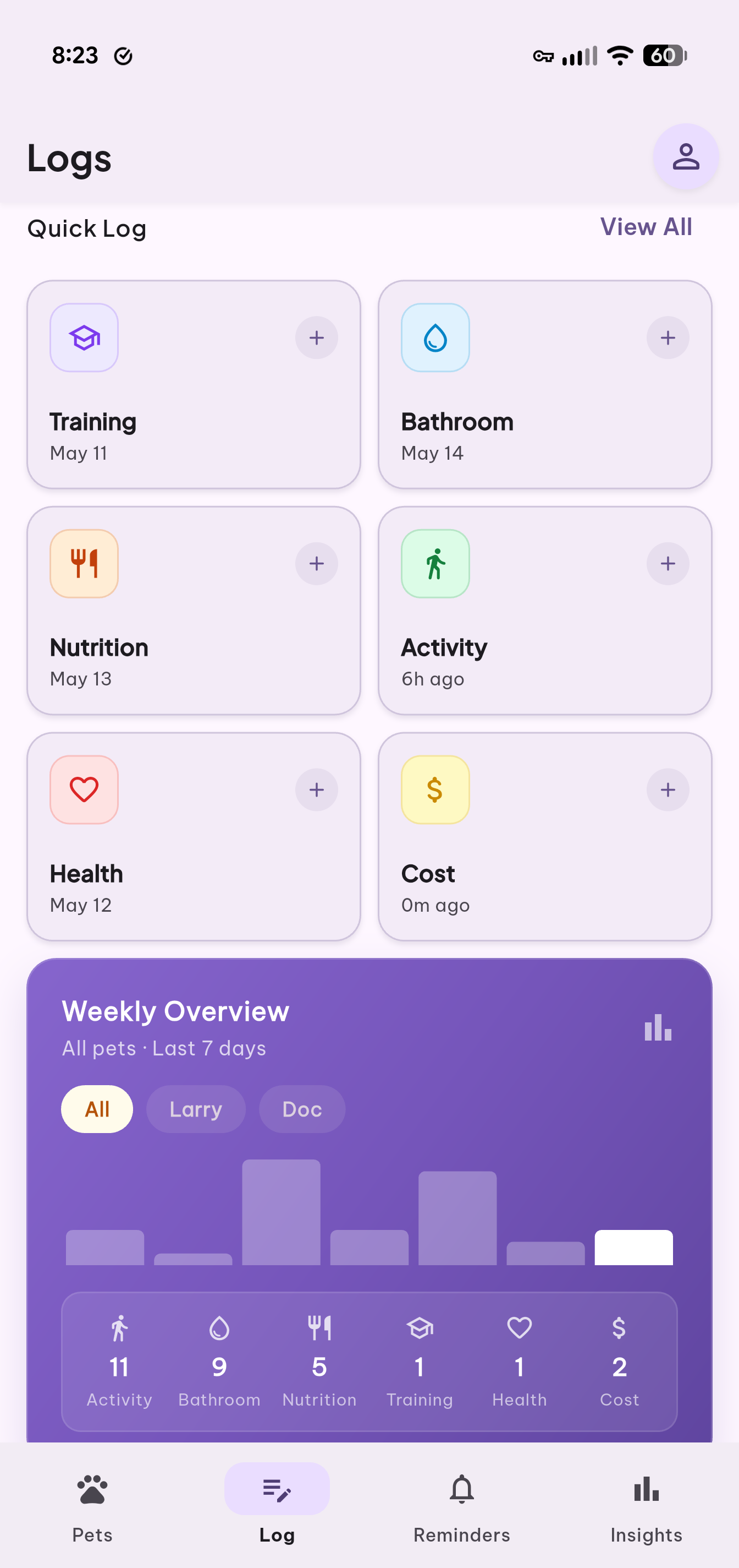 PawTally logs screen showing quick logging and weekly overview