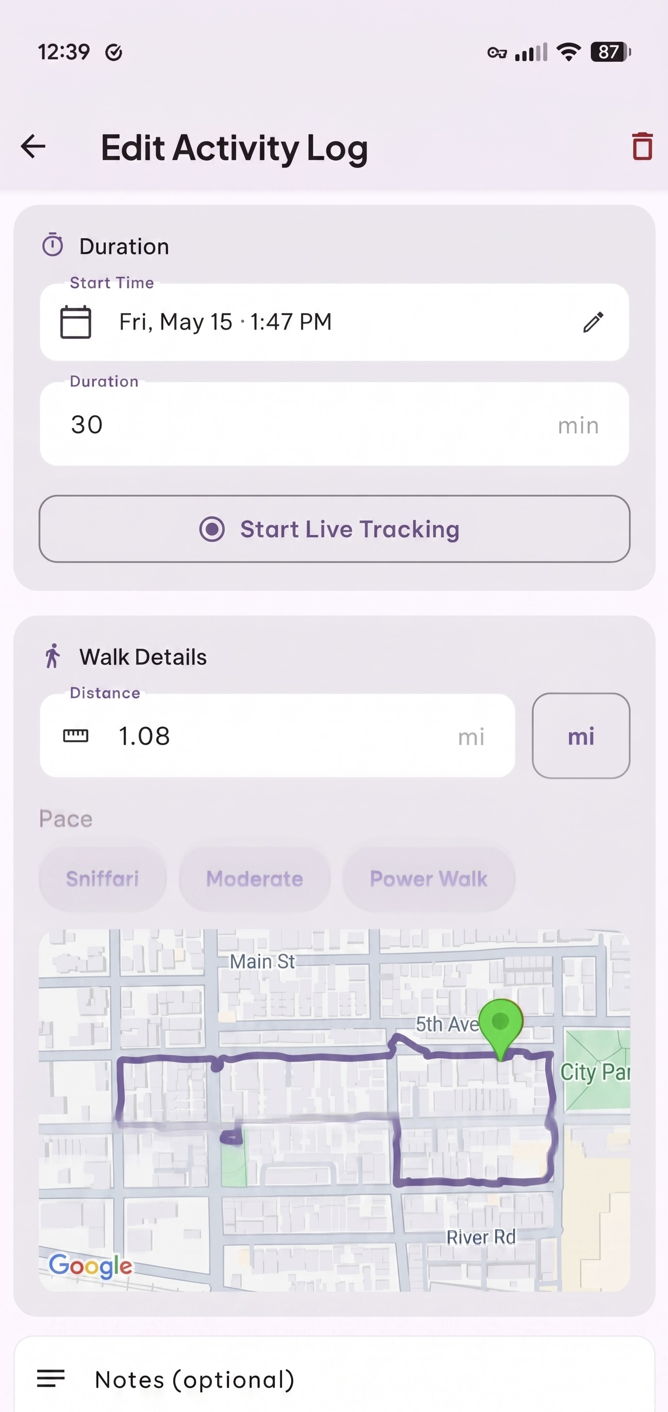 PawTally map screen showing a tracked walk route