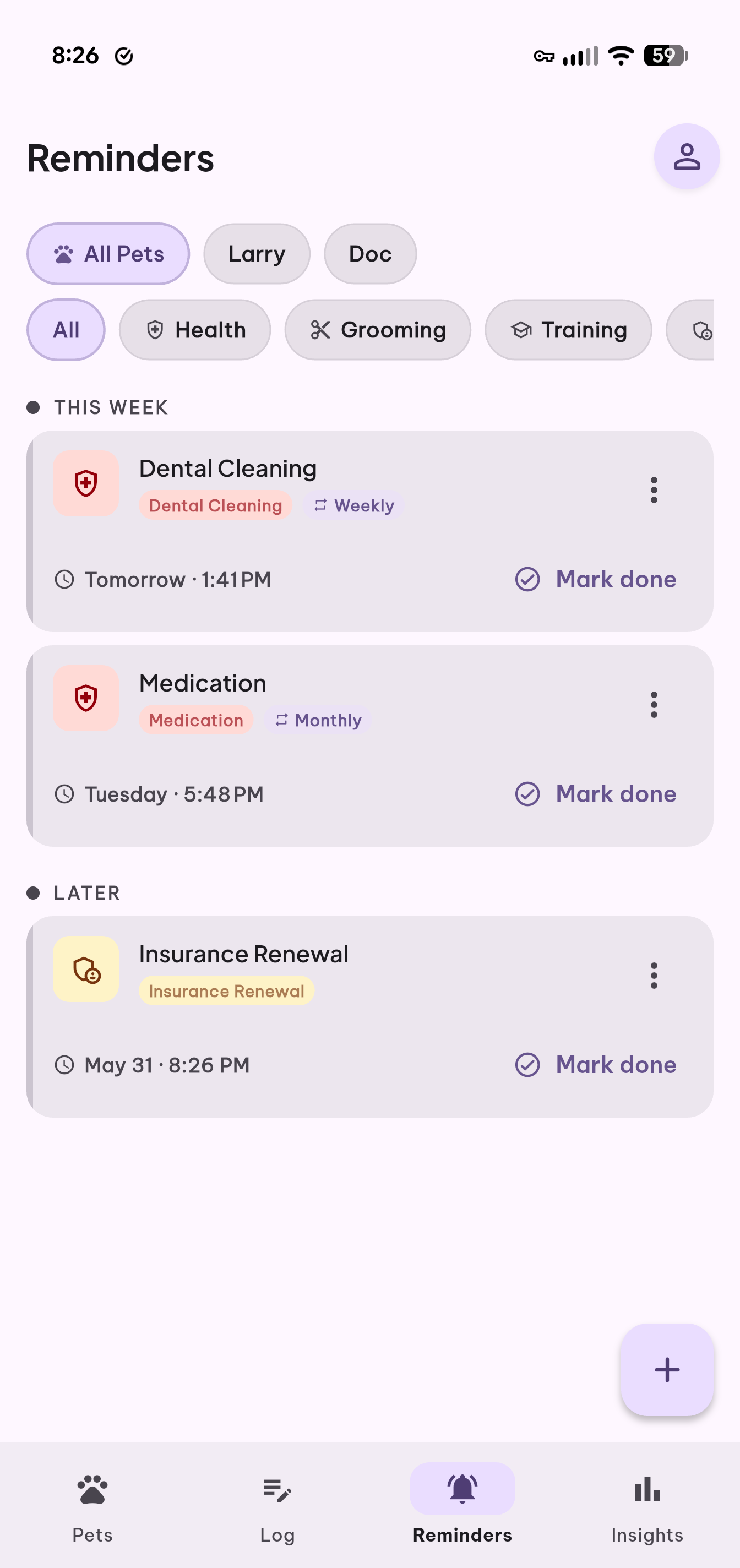 PawTally reminders screen with upcoming pet care tasks